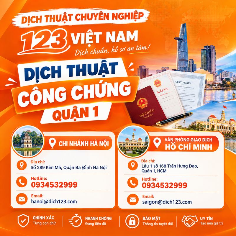 1. Dịch thuật công chứng quận 1 TPHCM hỗ trợ dịch thuật đa ngôn ngữ cho cá nhân và doanh nghiệp, chú trọng độ chính xác, bảo mật thông tin và quy trình thực hiện rõ ràng.
