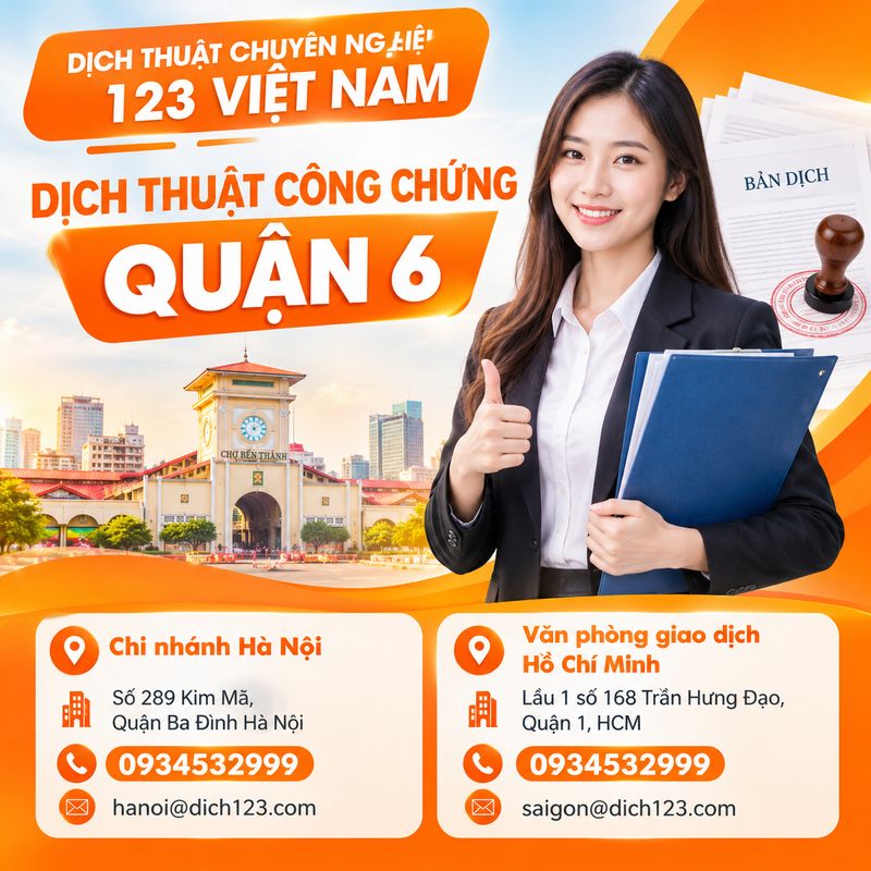 Dịch thuật công chứng Quận 6 TPHCM – Quy trình rõ ràng, chi phí minh bạch, hỗ trợ khách hàng chuẩn bị hồ sơ đúng yêu cầu.